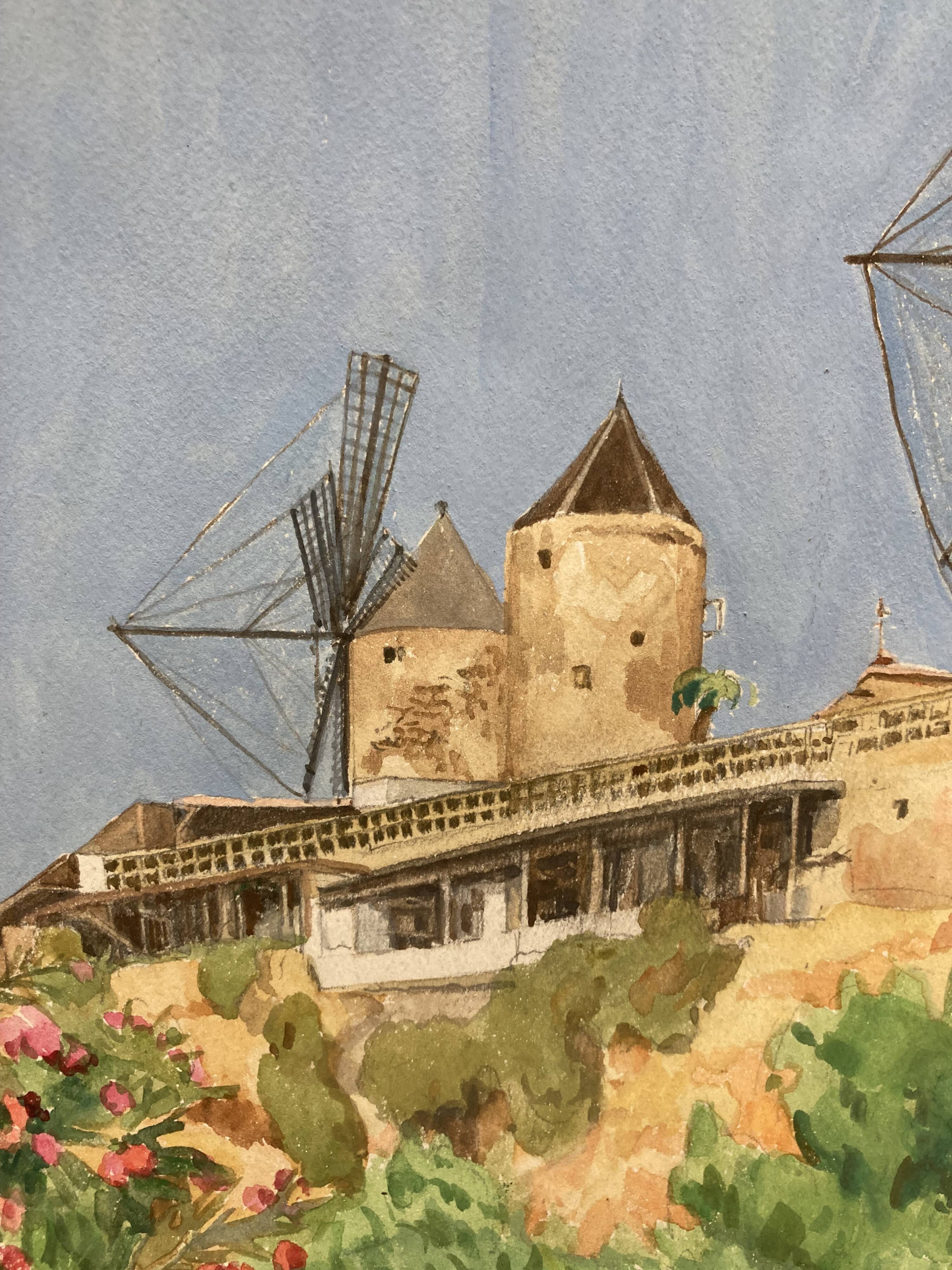 Watercolor landscape with vintage mills