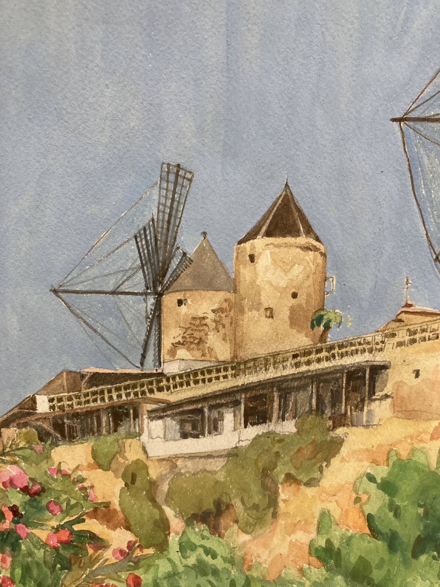 Watercolor landscape with vintage mills