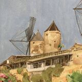 Watercolor landscape with vintage mills