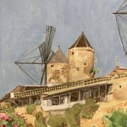 Watercolor landscape with vintage mills