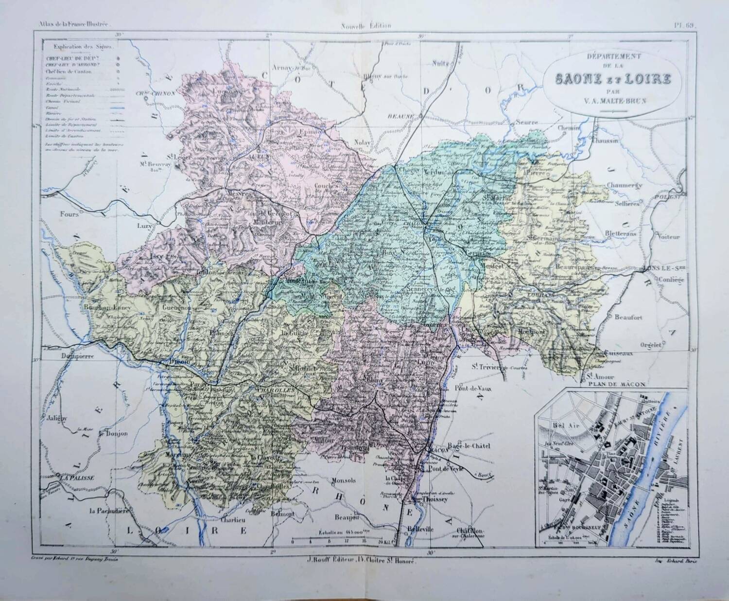 Saône-et-Loire, old map, printed in 1883.