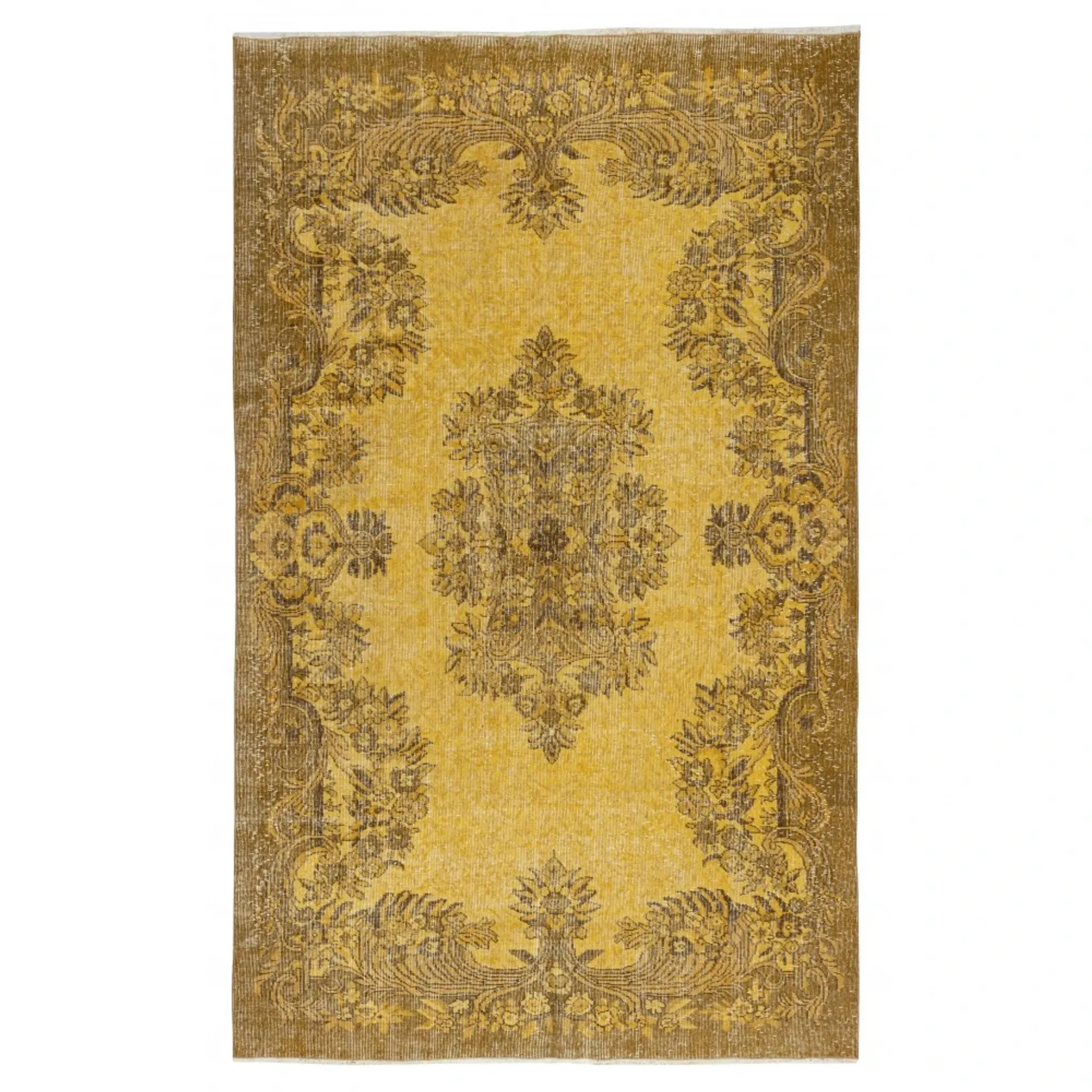 Vintage Handmade Turkish Wool Area Rug Overdyed in Yellow for Modern Interiors