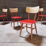 Set of 4 red wooden chairs published by Ton, 60s