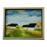 Huile sur toile suédoise originale du milieu du siècle « Maisons » - Vintage et encadrée