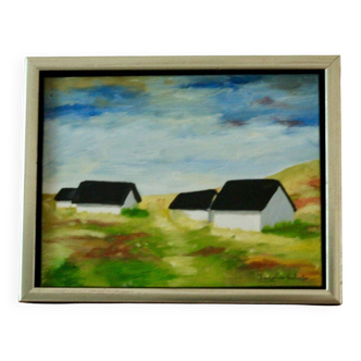 Original Swedish oil on canvas from the mid-century "Houses" - Vintage and framed