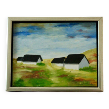 Original Swedish oil on canvas from the mid-century "Houses" - Vintage and framed