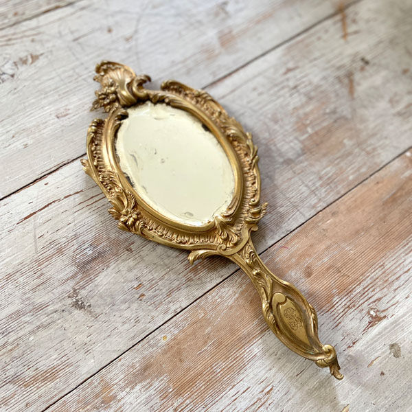 Old bronze hand-facing mirror  13x30cm