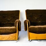 Pair of G-plan saddle back teak armchairs & footstool