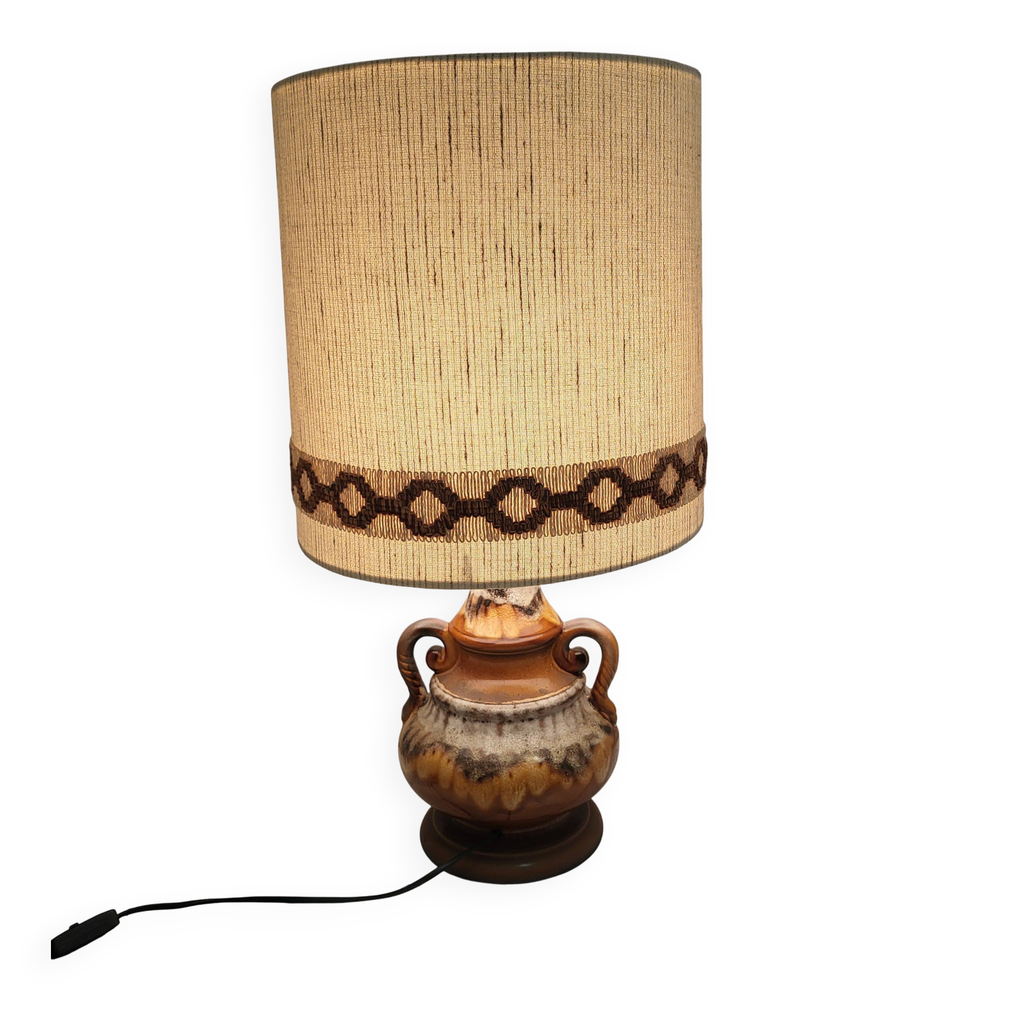 Large ceramic table lamp with glazed finish and linen shade, graphic, Germa