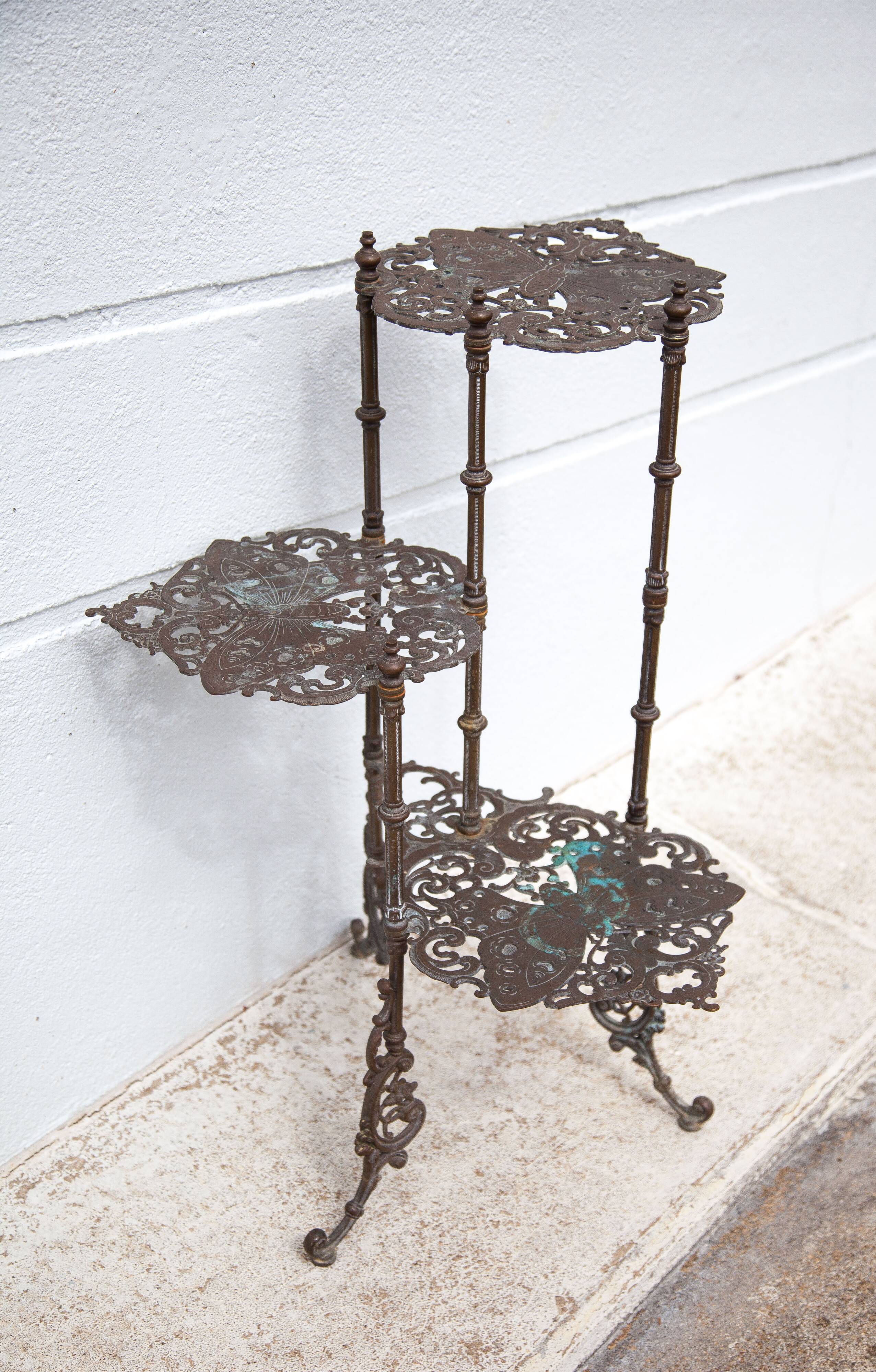 Old bronze harness 3 levels, bronze plant holder, butterfly patterns, planter, patio