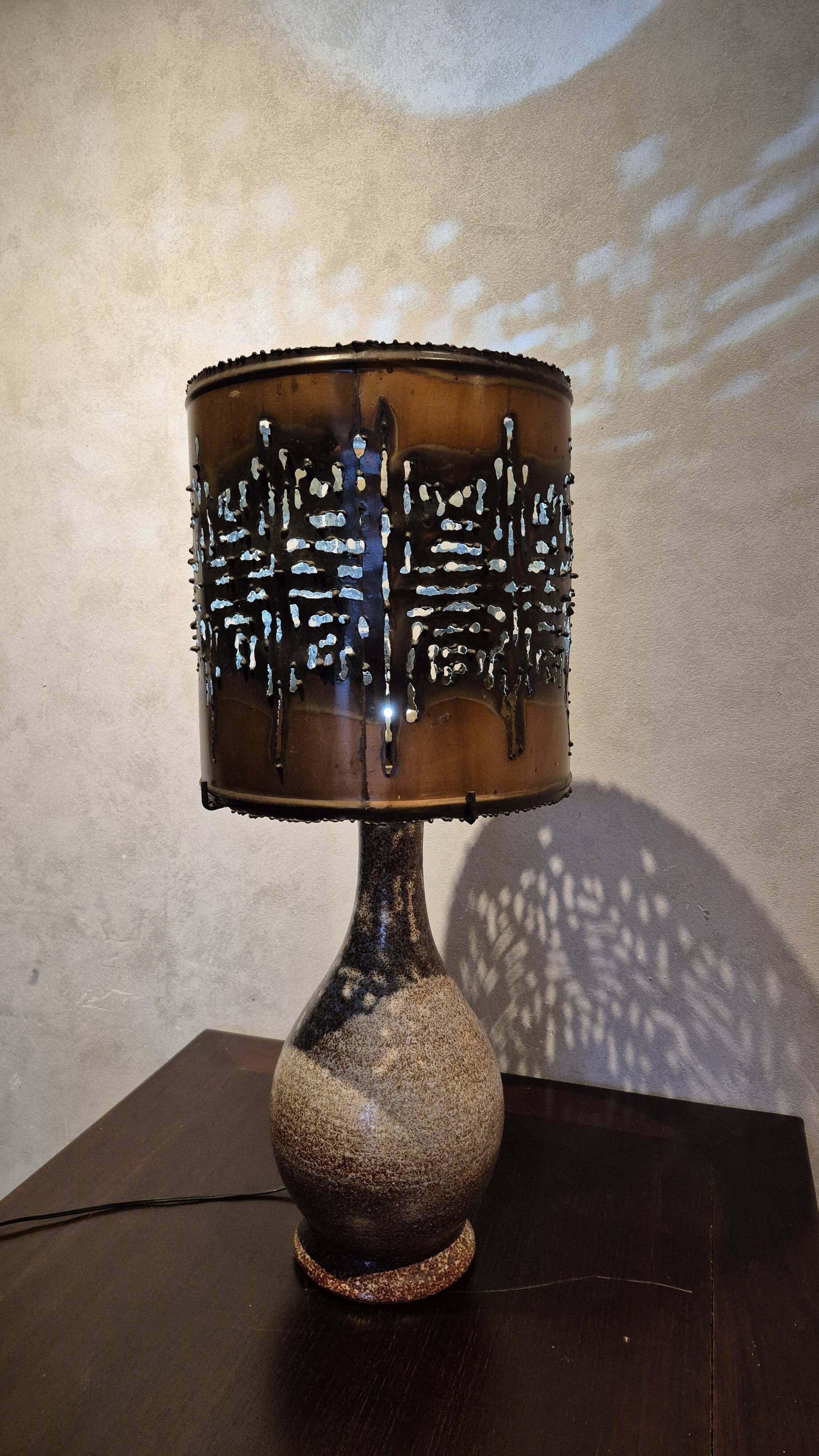 Large vintage Accolay lamp with flamed ceramic and metal shade.