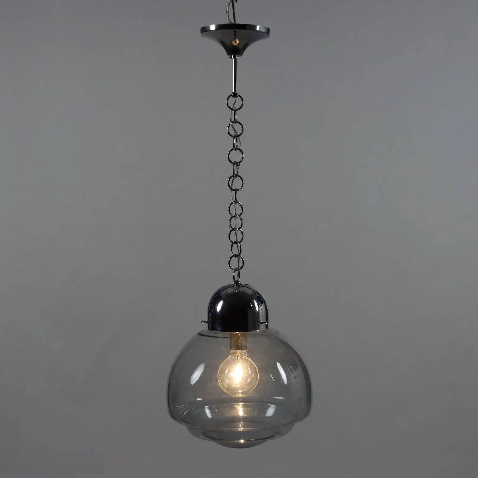 1960s vintage suspension in chrome metal and glass, Italy