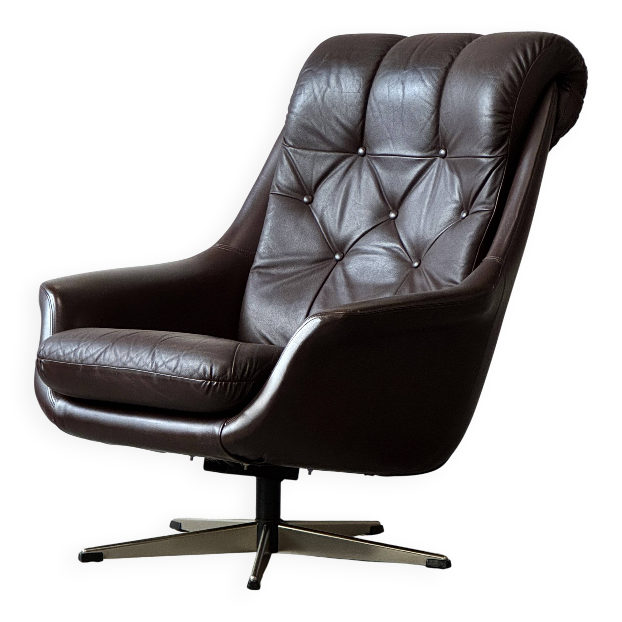 Fauteuil pivotant en cuir, Danemark, années 1960/1970, style Mid-C Modern, vintage