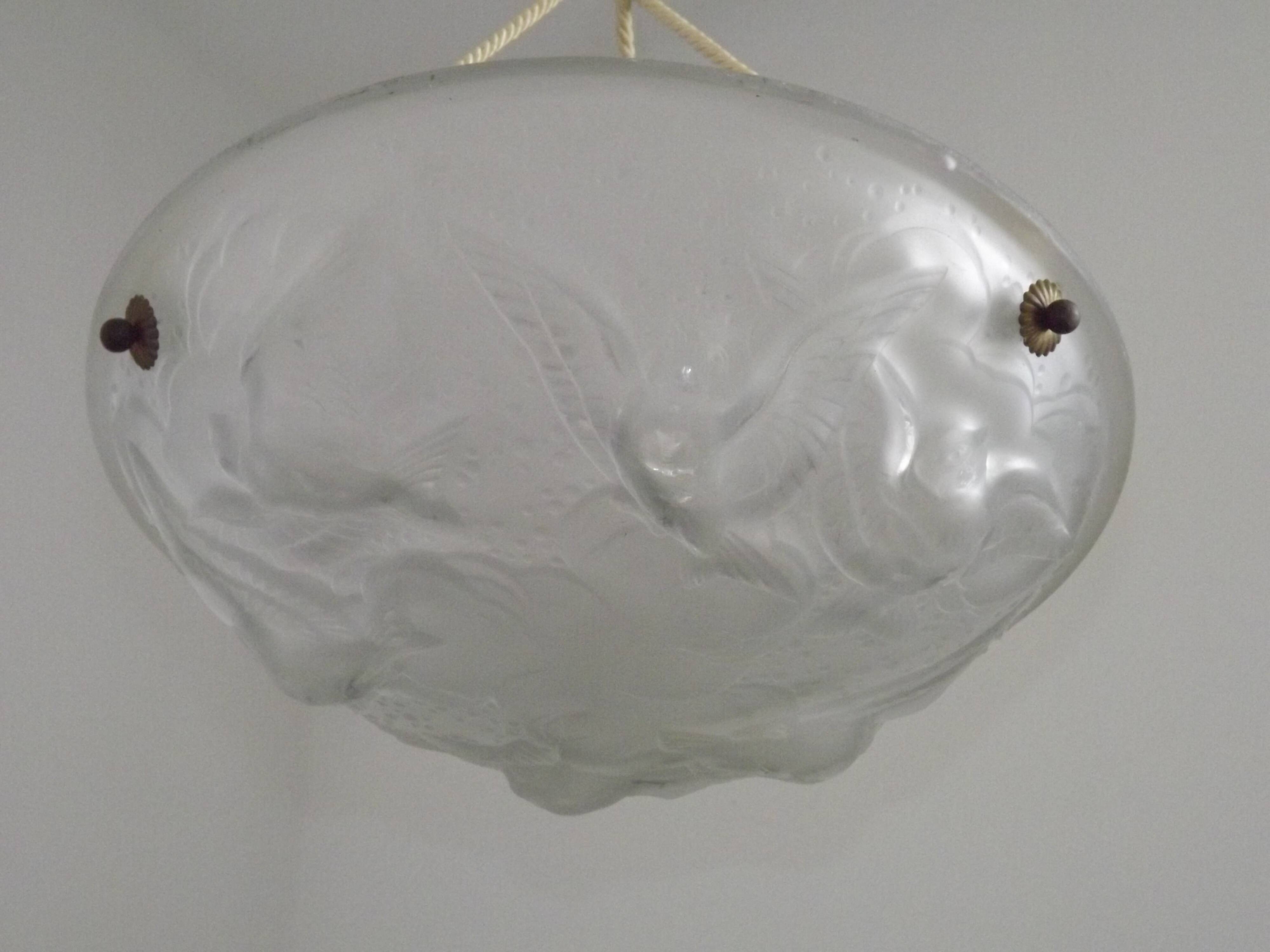 Signed Muller Frères Lunéville Art Deco Ceiling Light Flying Bird Detail
