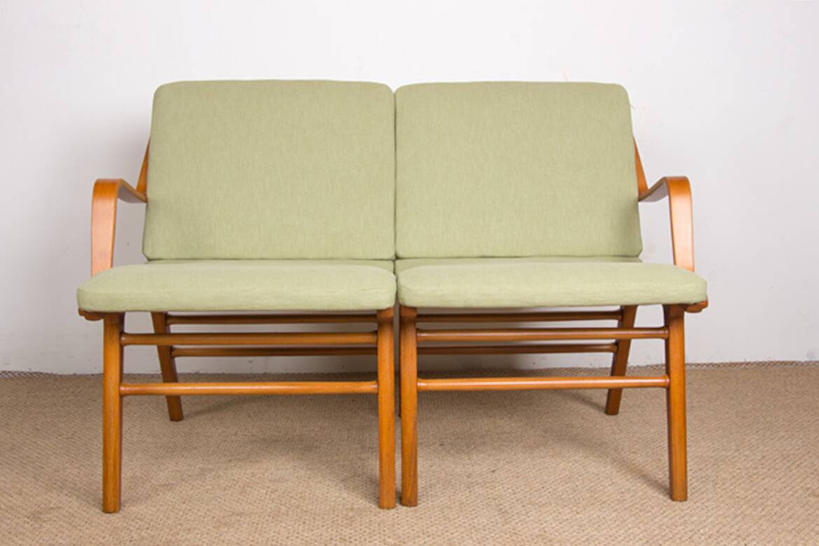 Danish 2-seater sofa in laminated beech and mahogany model AX by Peter Hvidt and Orla Molgaard-Nielsen for Fritz Hansen 1960