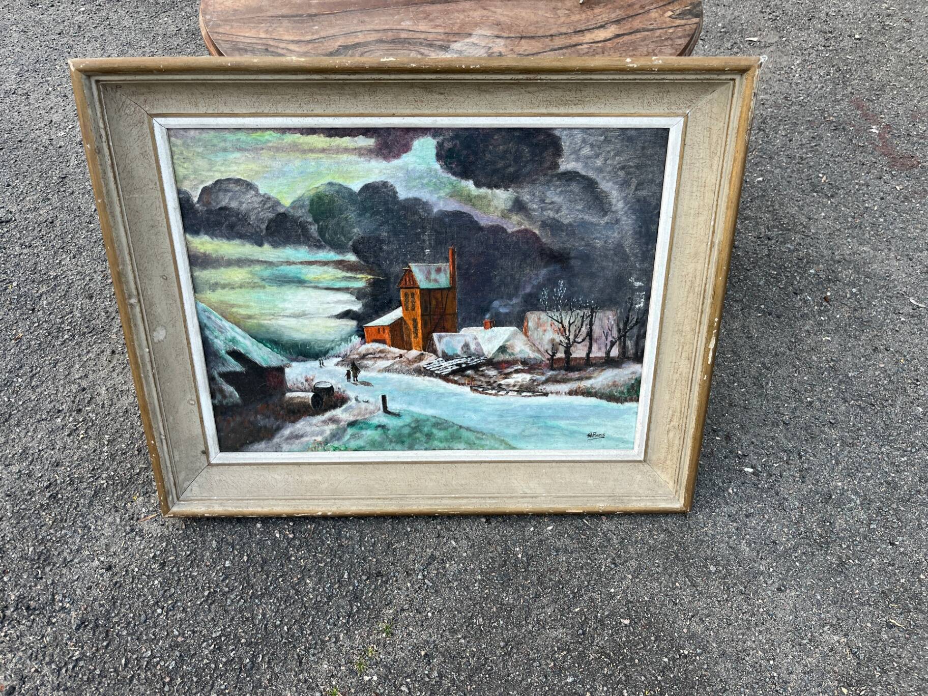 Tableau huile paysage hiver neige village signe H. Paris - Cadre