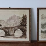 Vintage signed monochrome watercolors