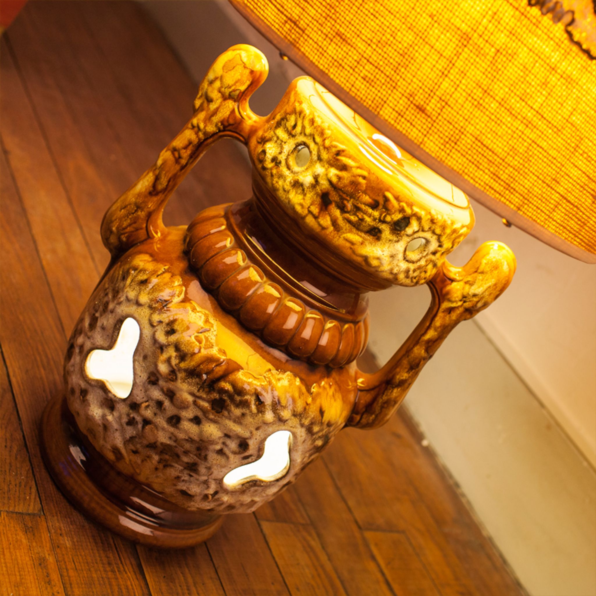 Of the 1970s vintage, foot in ceramic and fabric shade floor lamp