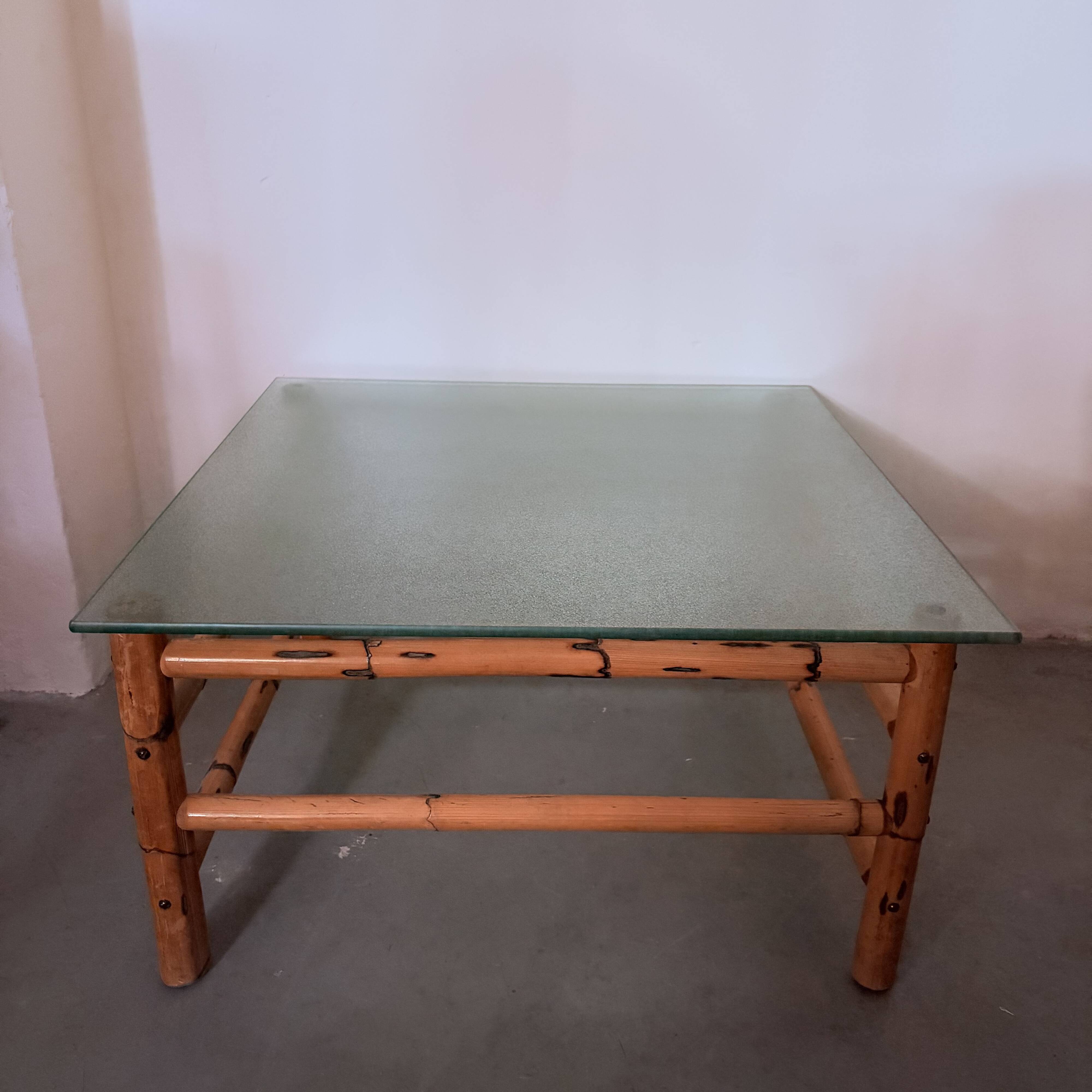 Vintage bamboo coffee table with glass top, 1970s, Brazil