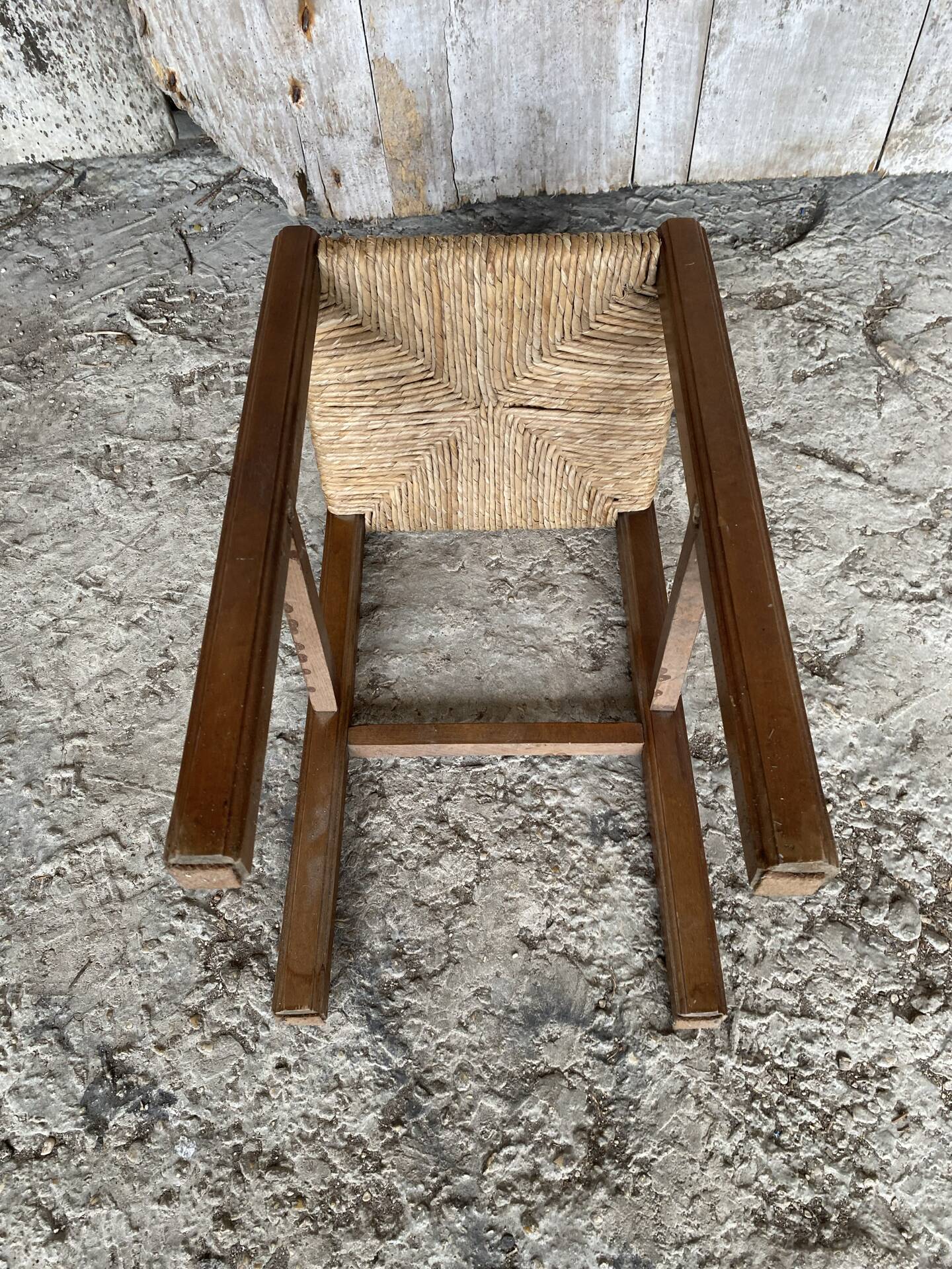Antique Carved Wood Stool + Vintage Straw Seat #E099