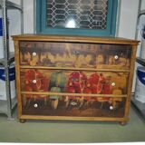 Brown pine chest of drawers with Vespa photo decor, 3 drawers, neo-vintage rustic style.