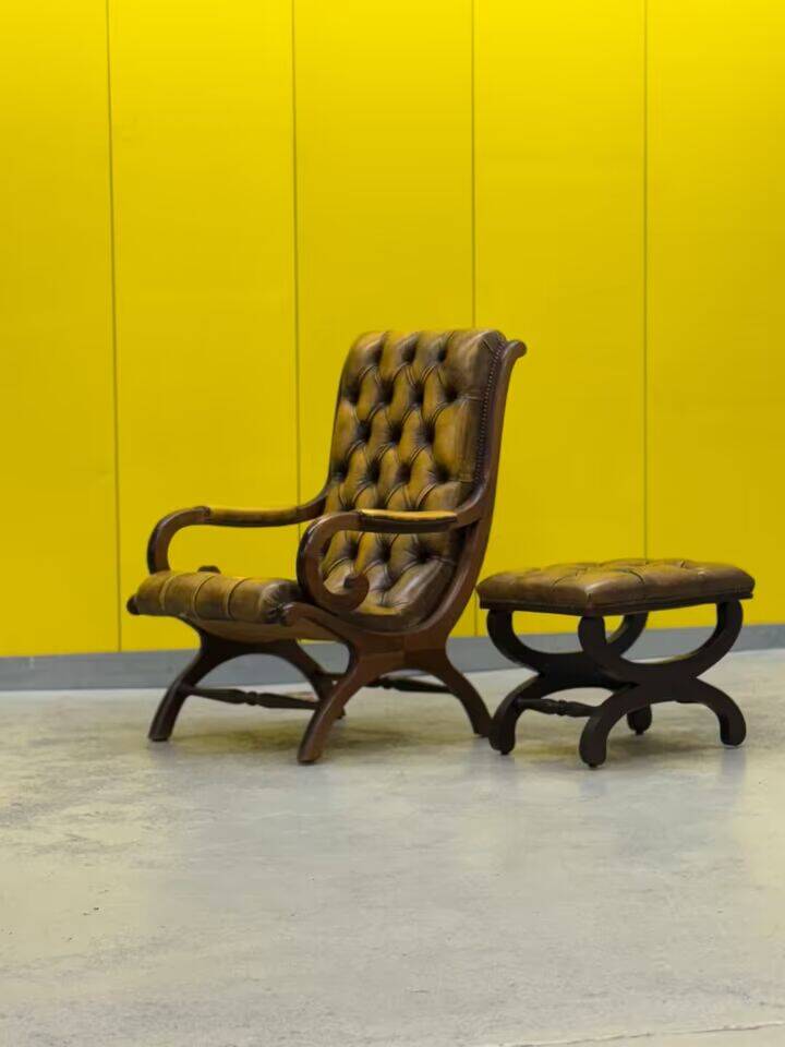 Original English Chesterfield Wingback Chair & Matching Footstool