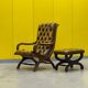 Original English Chesterfield Wingback Chair & Matching Footstool