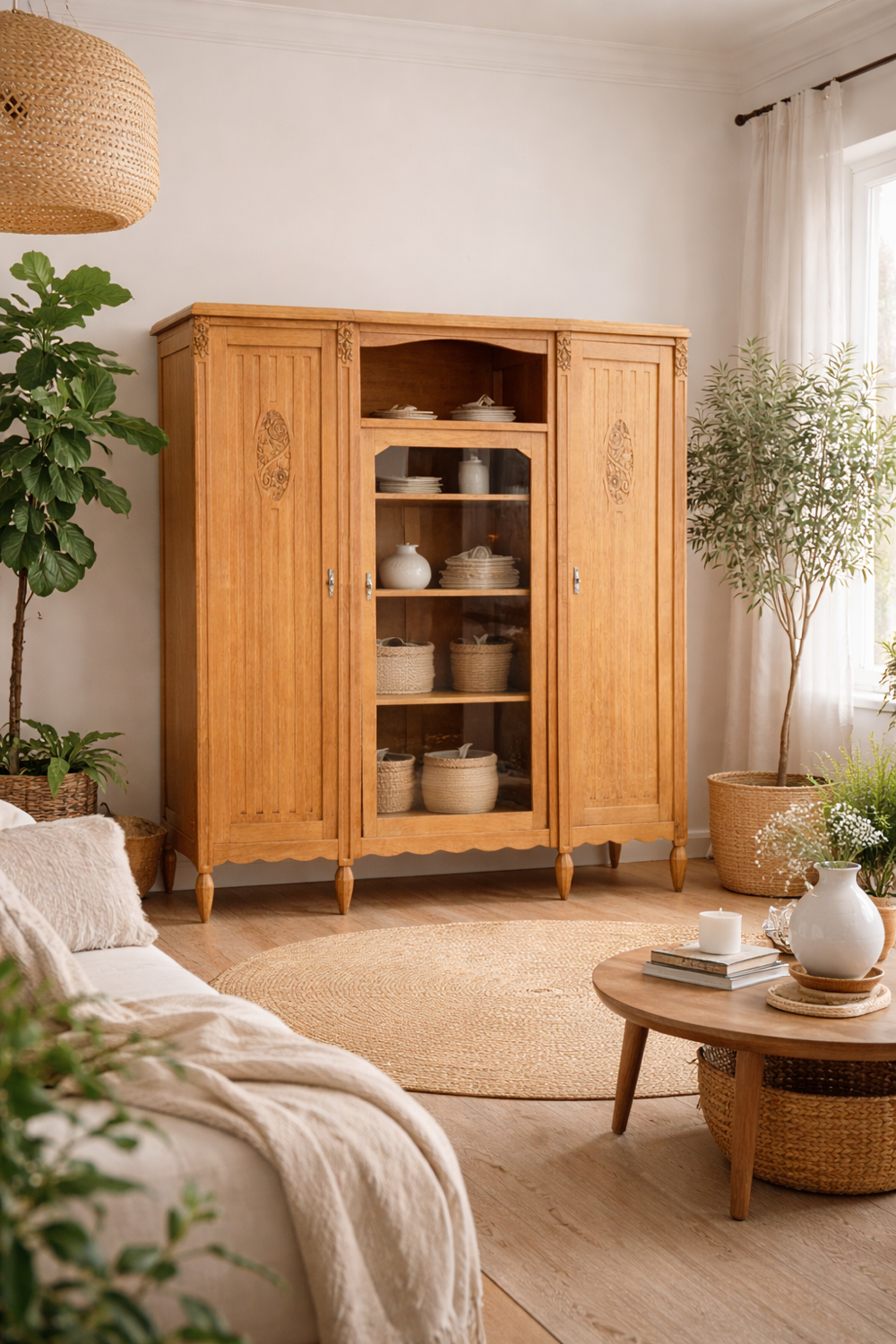 Asymmetrical Art Deco glass-fronted Parisian wardrobe in raw oak, 1930.