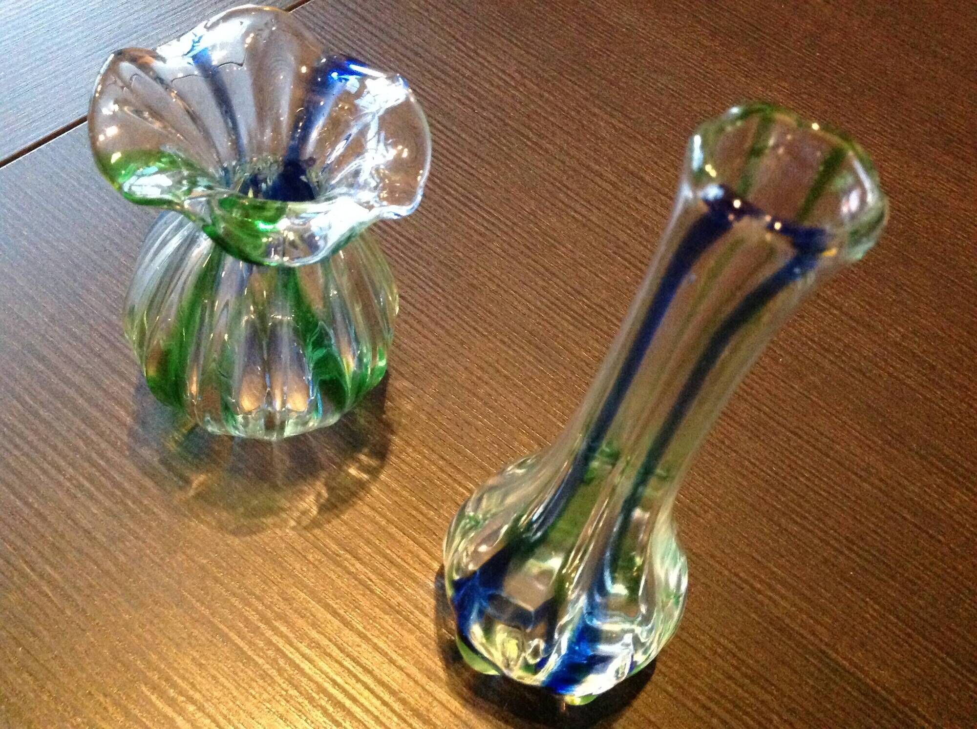 Pair of soliflore vases in polychrome ribbed glass / vintage 60s-70s