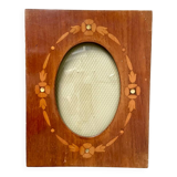 Antique Wood & mother of pearl Picture Frame with intarsia Convex glass