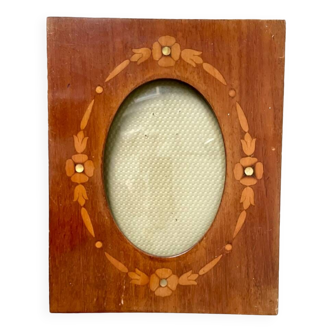 Antique Wood & mother of pearl Picture Frame with intarsia Convex glass