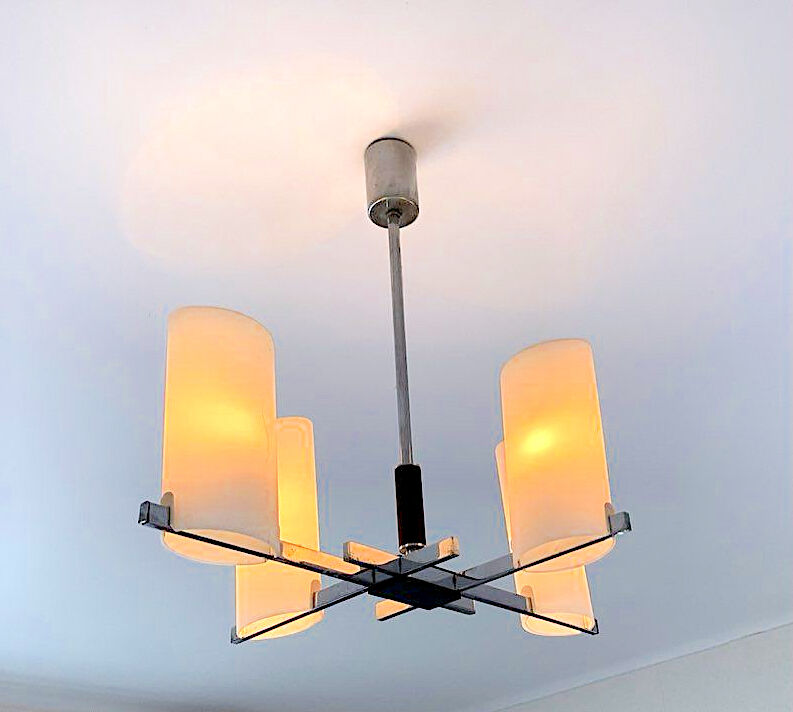 Arlus chandelier chrome, four opaline lights, mid-century France