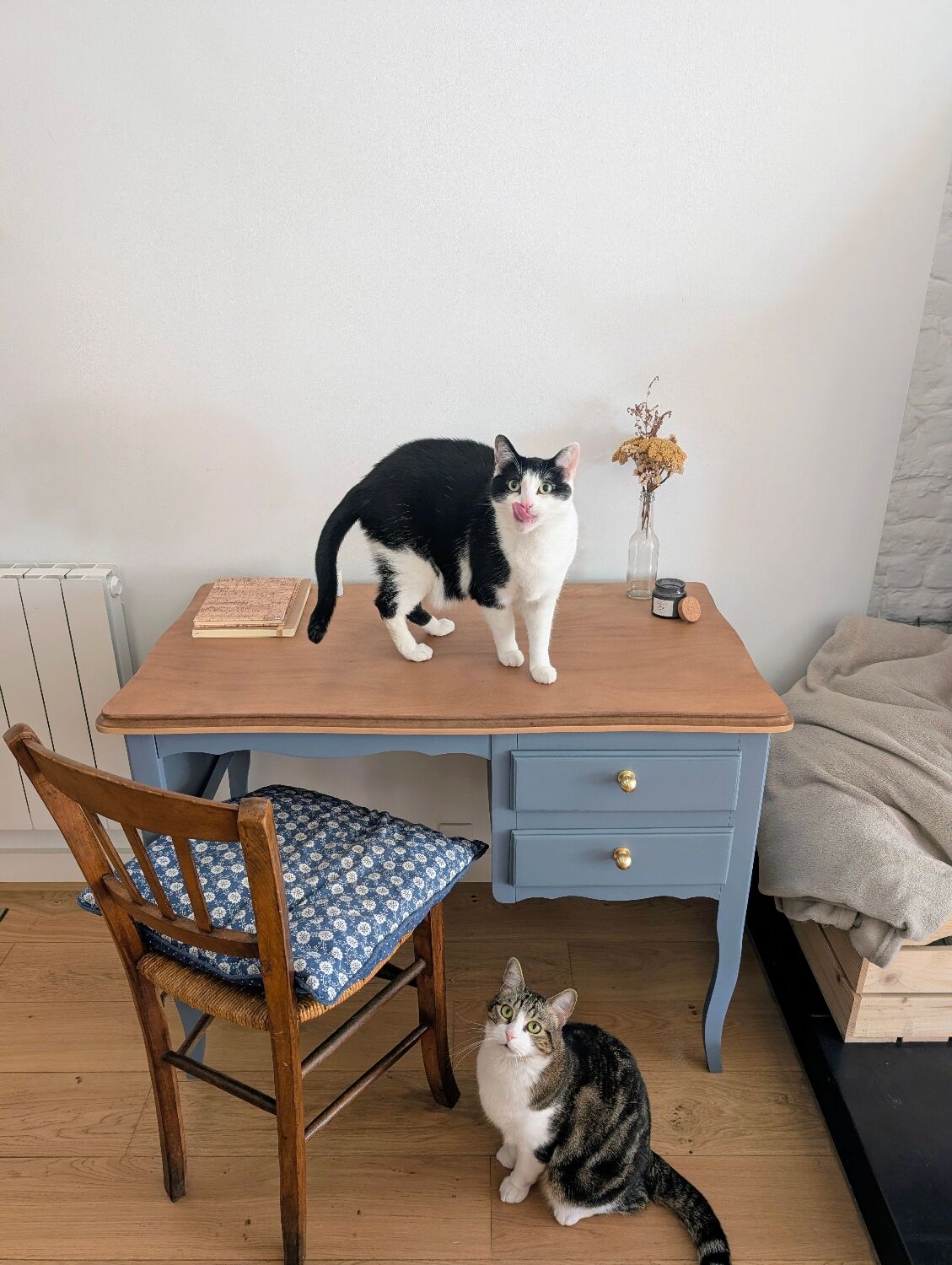 Blue wooden desk ready for its new life.