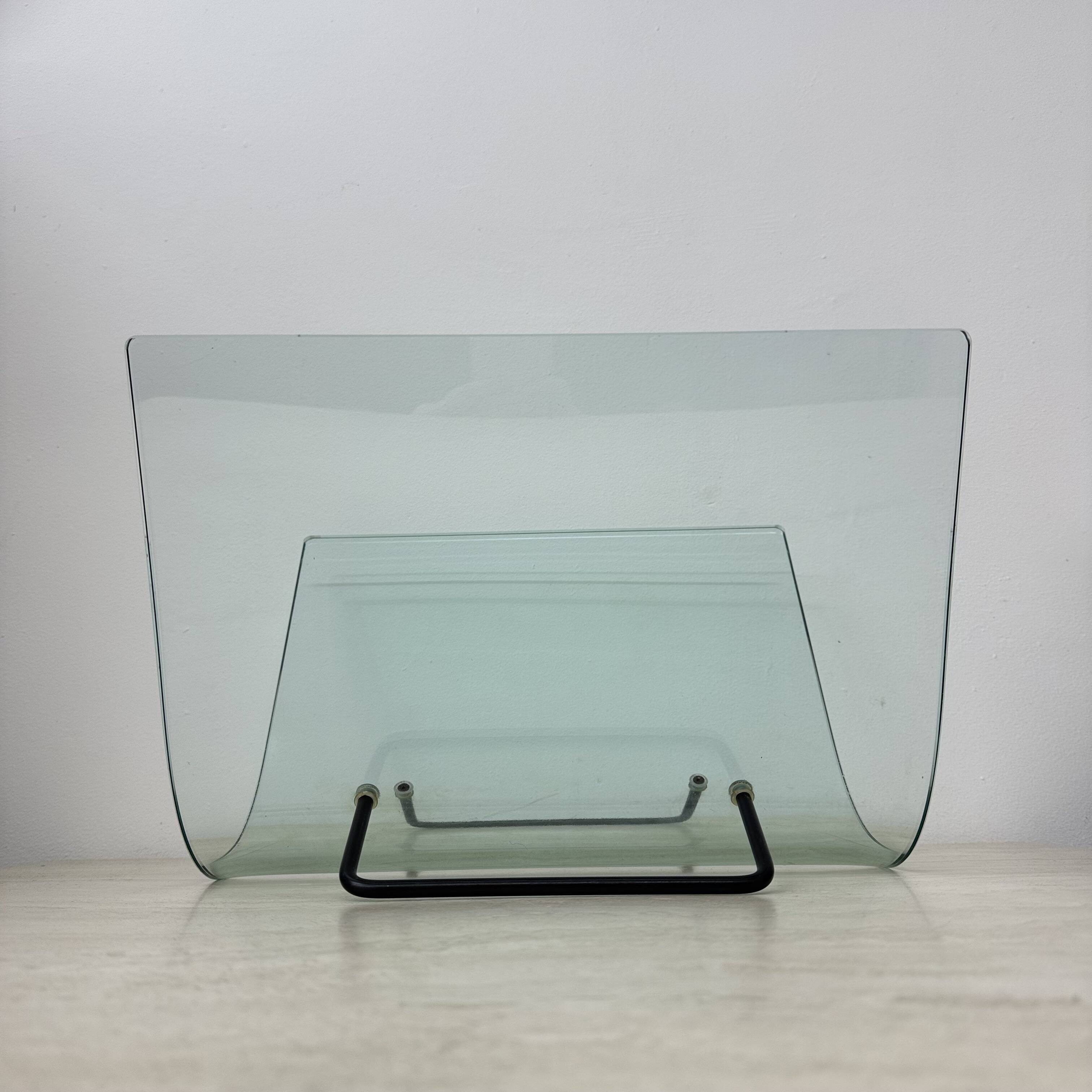 Post modern Fiam Italy curved glass magazine rack , 1980’s