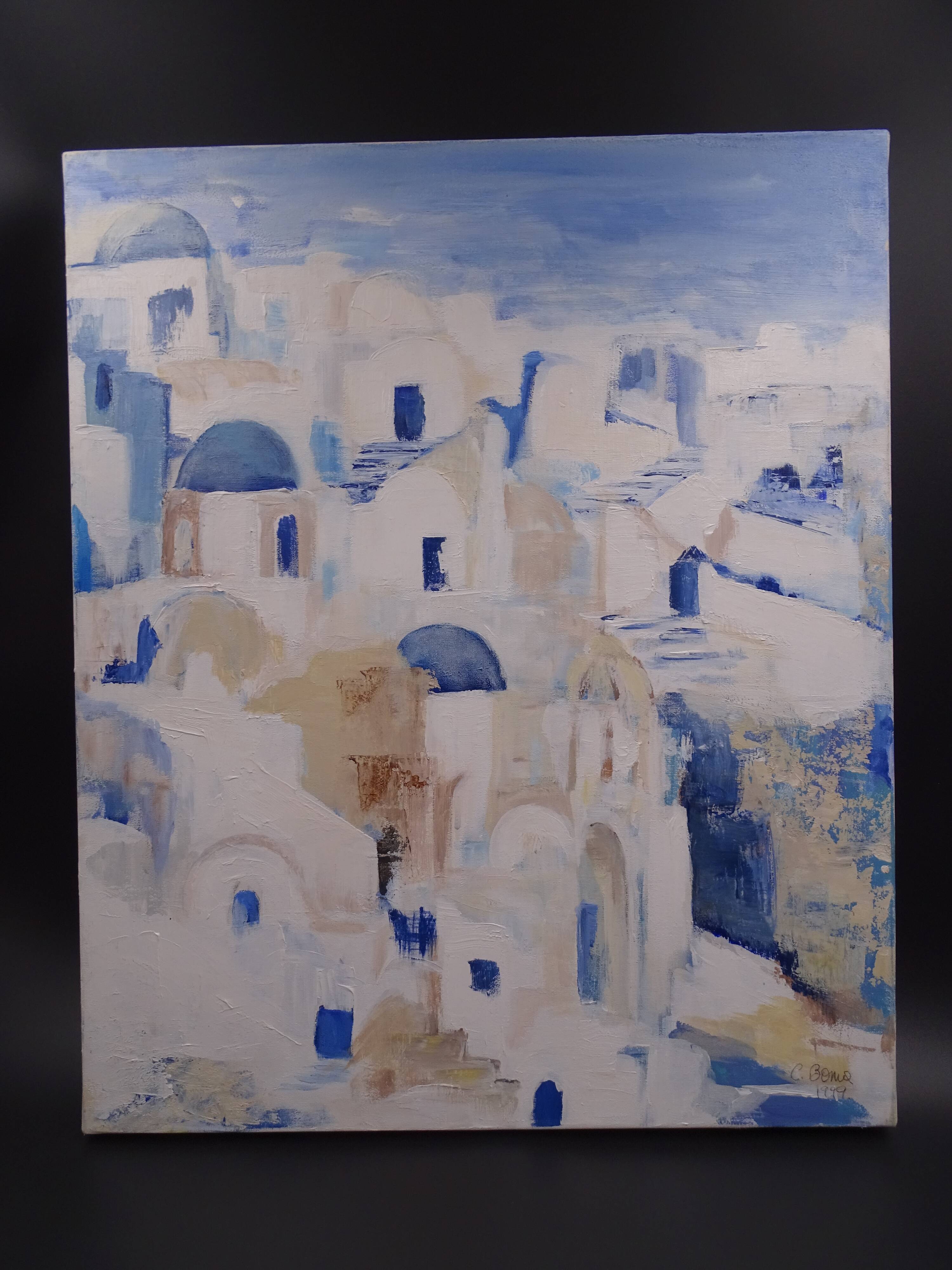 The Greek village - Pastel blue and ochre tones - Signed dated
