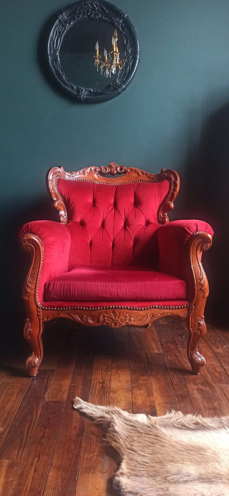 Wooden armchair carved baroque style in burgundy red velvet