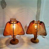 Portuguese Mid Century Modernist wood straw wooden table lamps 1960s SET of 2