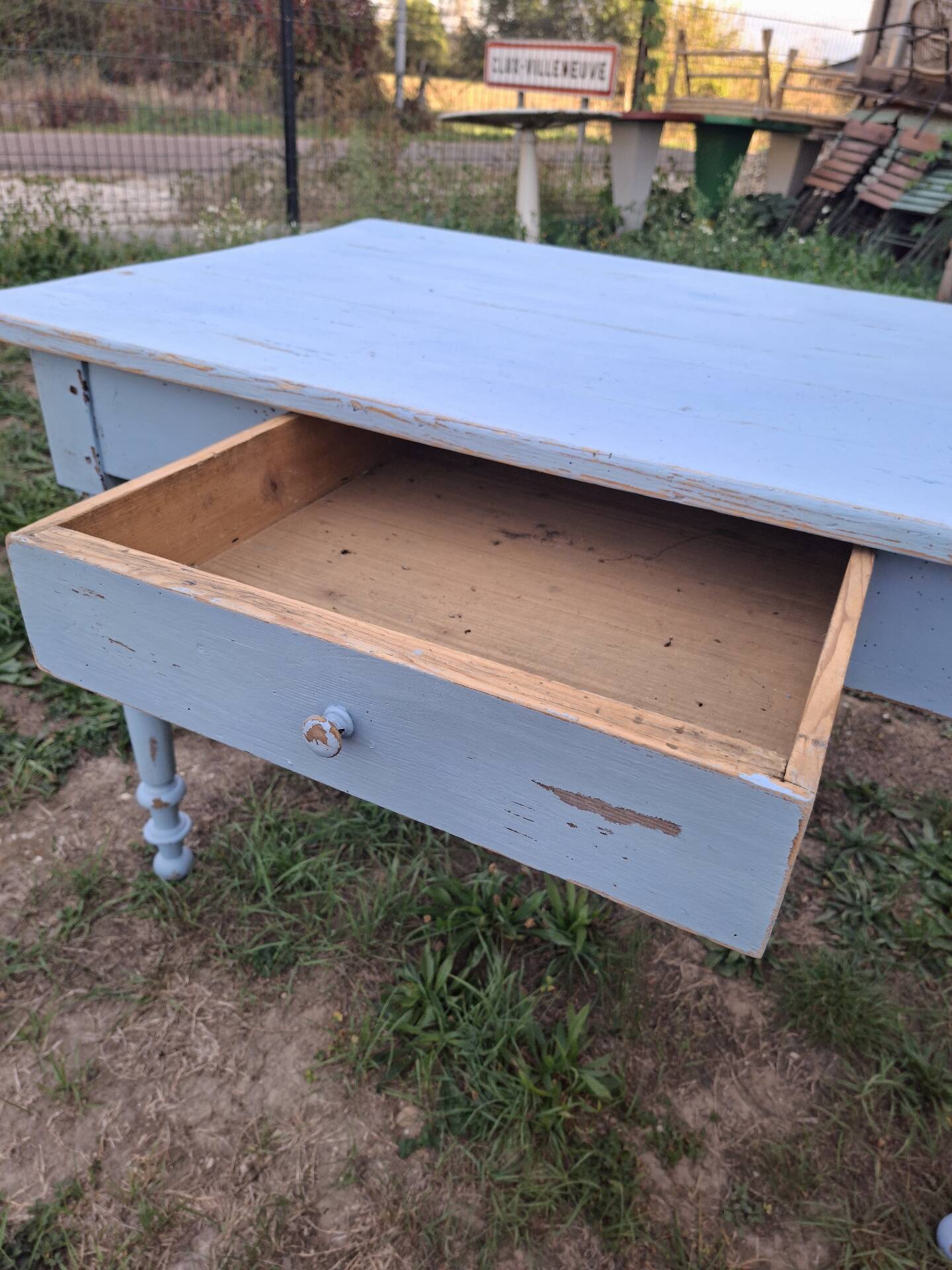 Old patinated blue bistro farmhouse table - 1.2m