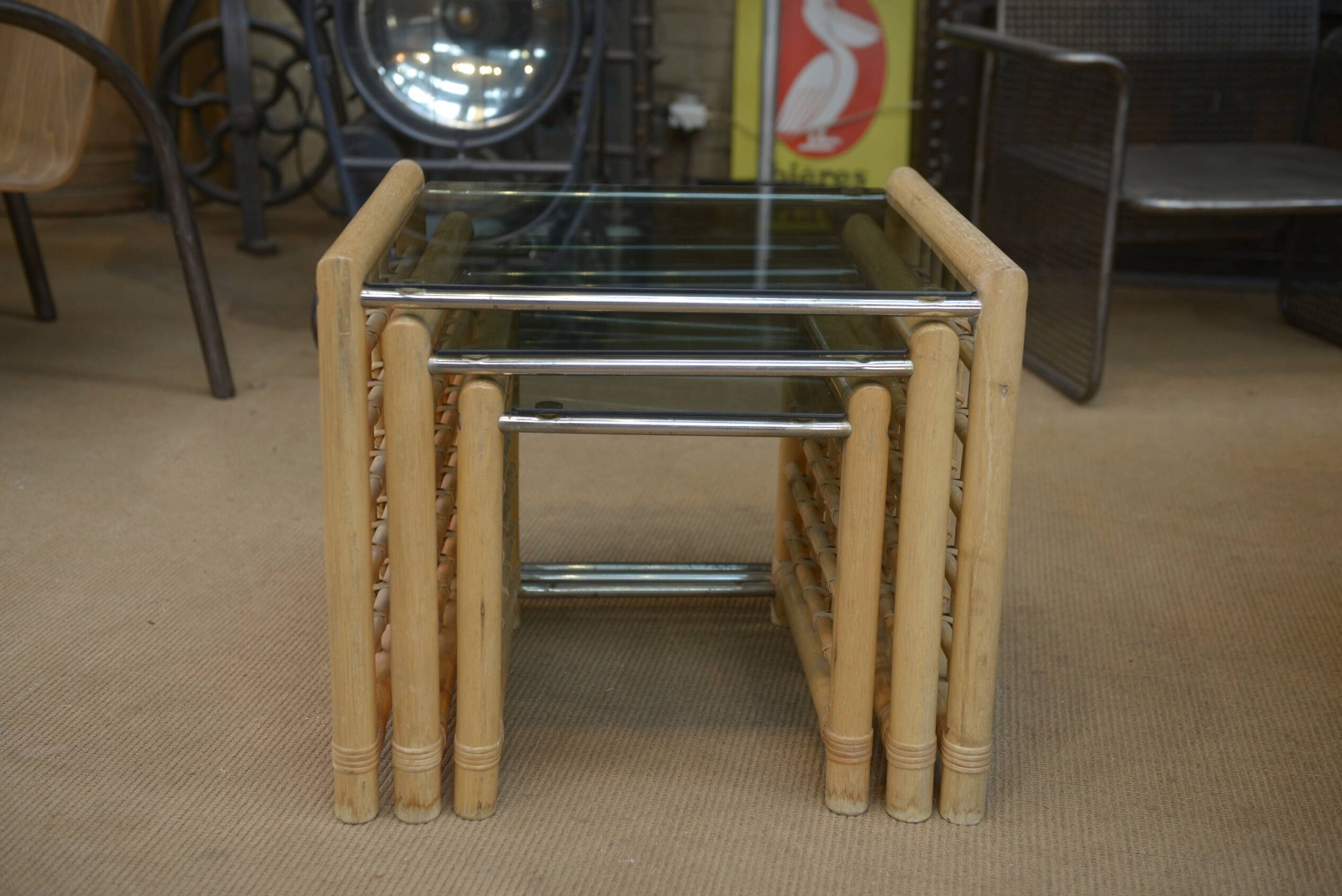 Set of 3 bamboo nesting tables 1960