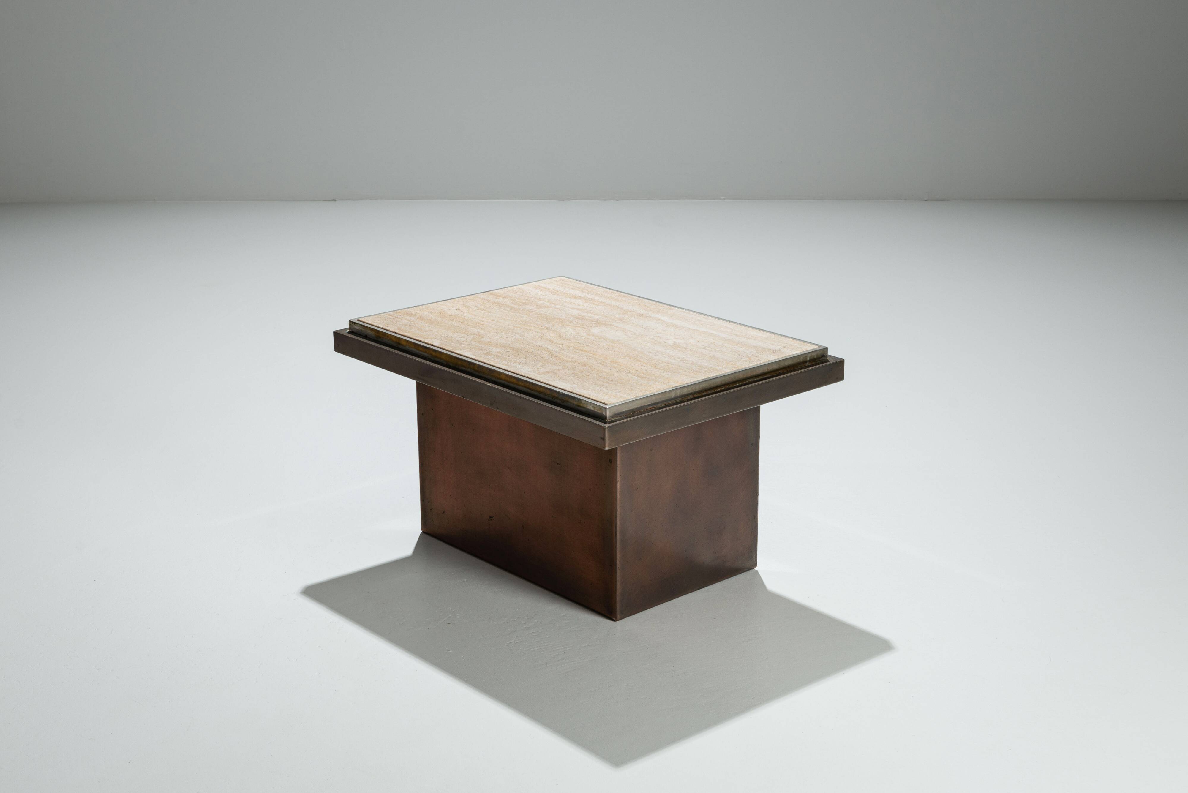 Belgochrom coffeetable in polished metal and travertin