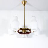 Danish suspension structure in brass and teak with 5 opaline heads