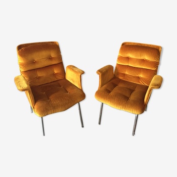 Pair of vintage mustard velvet armchairs