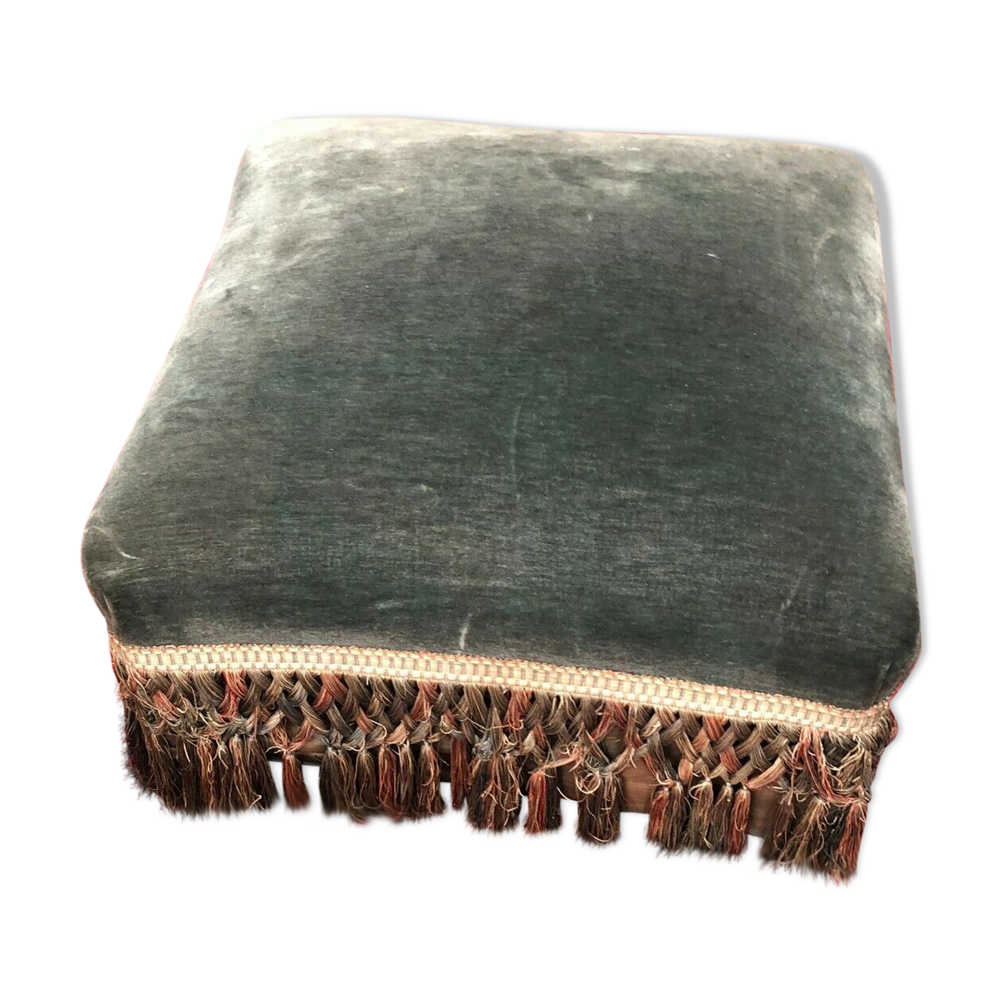 Tabouret pouf carré en velours vert 19e siècle
