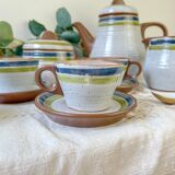Vintage 1950s speckled stoneware coffee set with grey, green, and blue stripes
