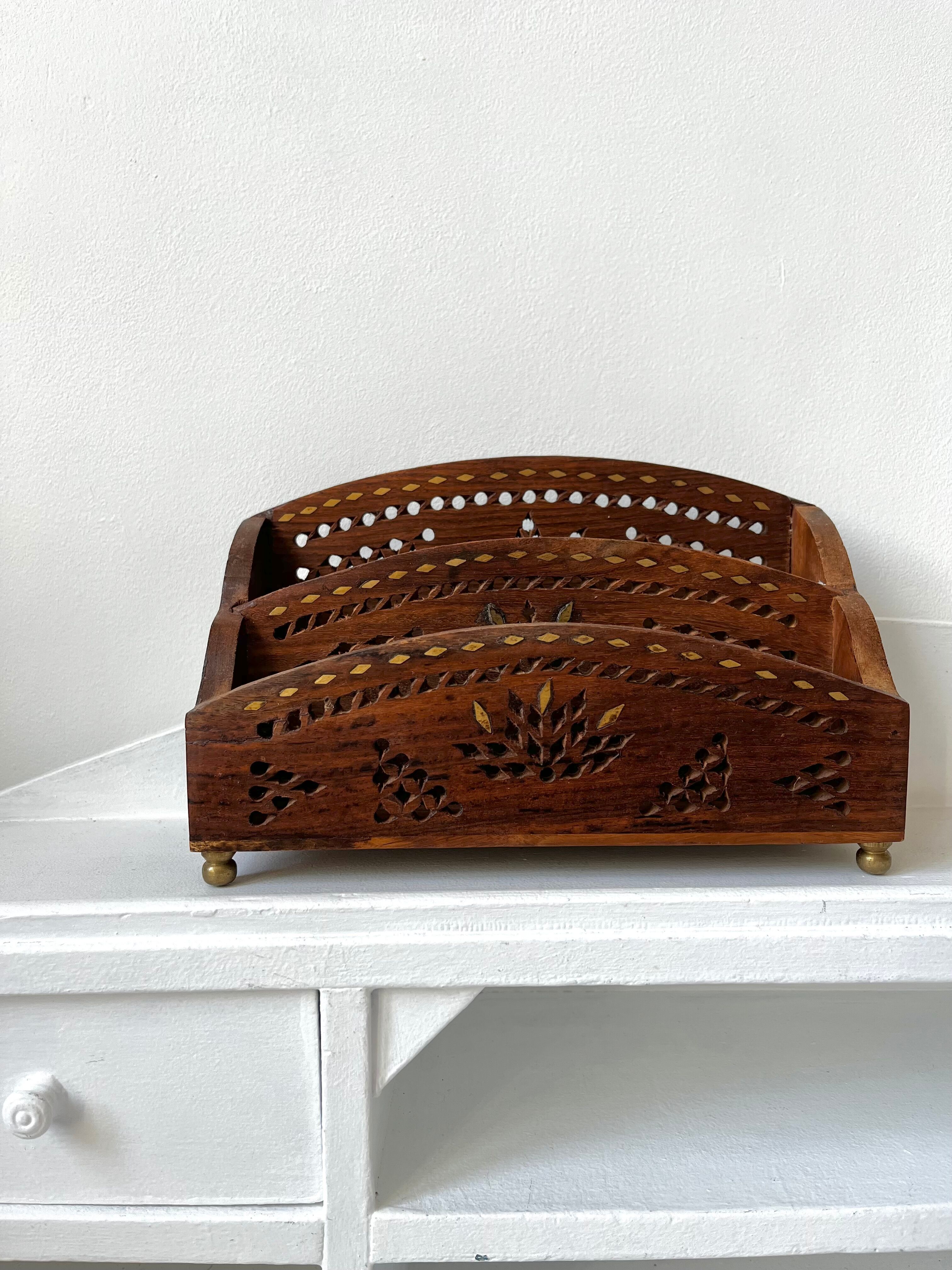 Vintage mail rack in wood and brass