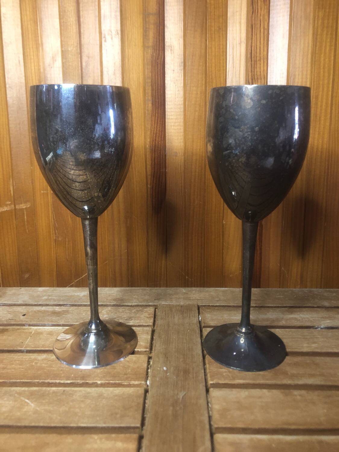 Pair of vintage silver metal wine glasses