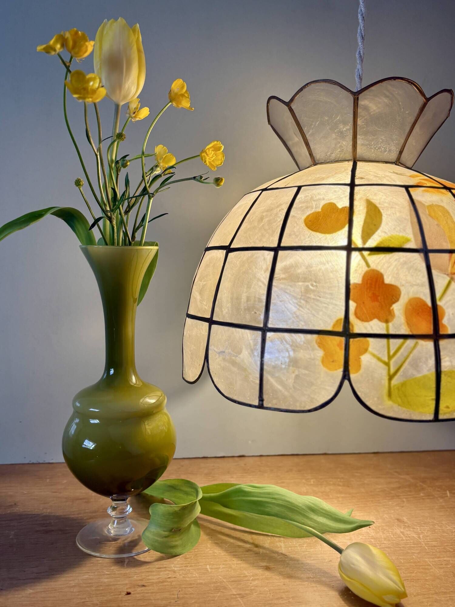 Vintage mother-of-pearl and brass lampshade pendant light with flower decorations