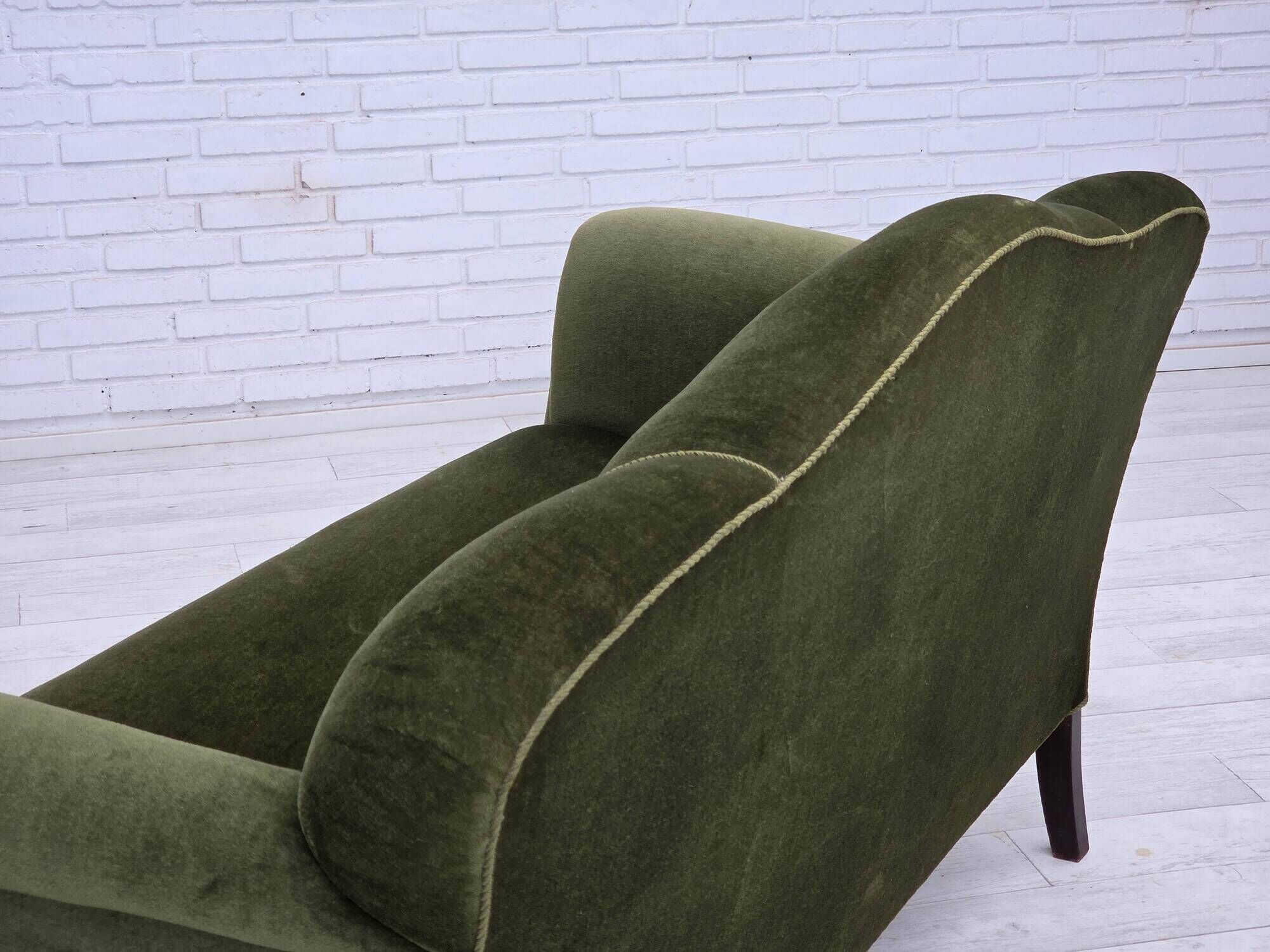 1950s, Danish 2-seater sofa, green furniture velour, ash wood legs.