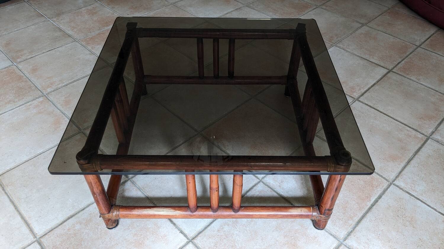 Vintage bohemian chic 70s smoked glass bamboo coffee table