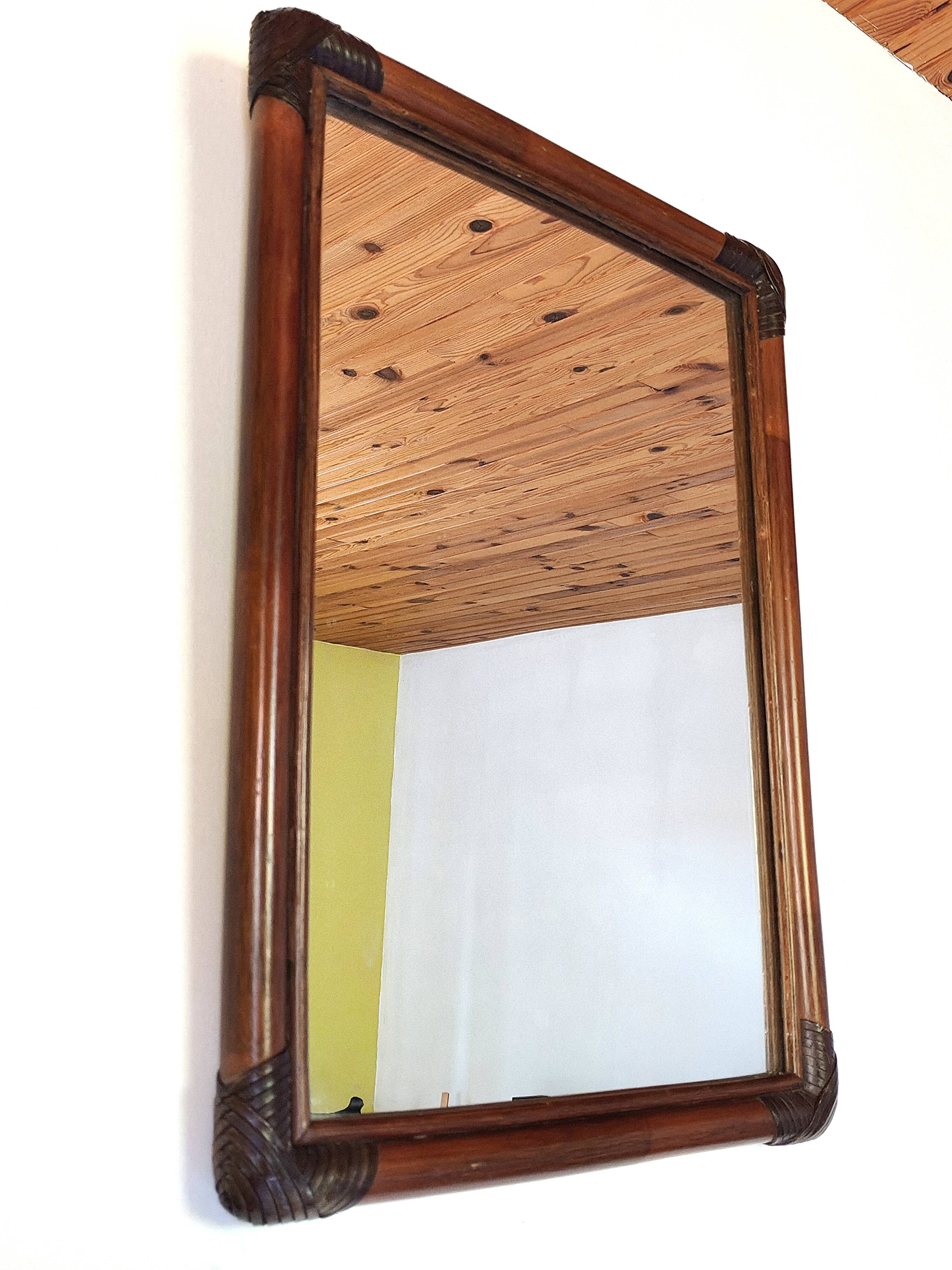 Antique mirror in bamboo and woven leather